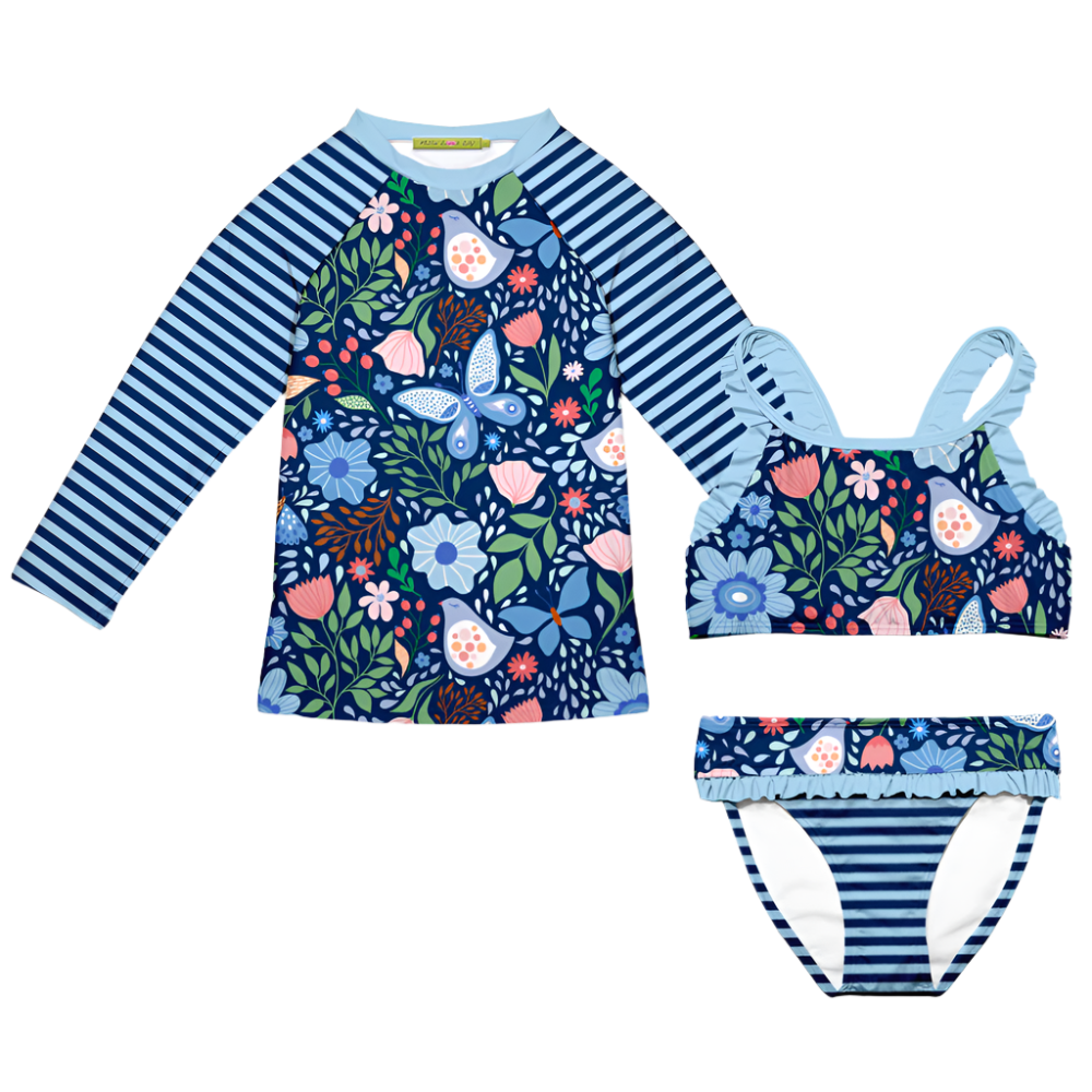 Millie Loves Lily Girls 3PC Ruffle Bikini & Rashguard Set - Navy Butterfly Garden