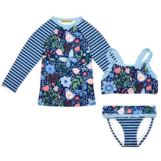 Millie Loves Lily Girls 3PC Ruffle Bikini & Rashguard Set - Navy Butterfly Garden
