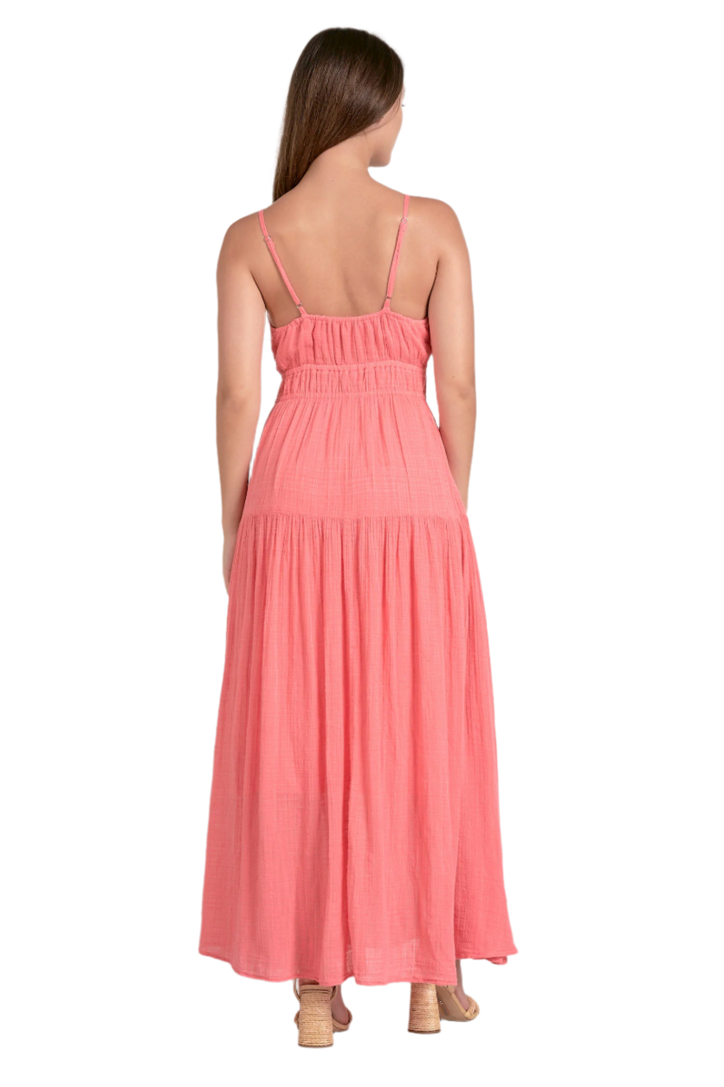 Elan Tiered Tie Front Maxi Dress - Coral