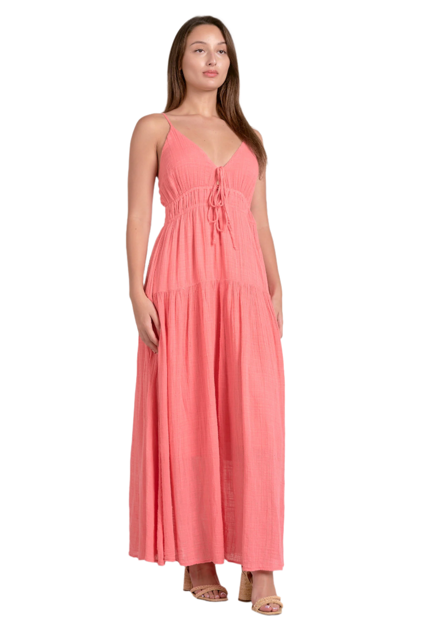 Elan Tiered Tie Front Maxi Dress - Coral