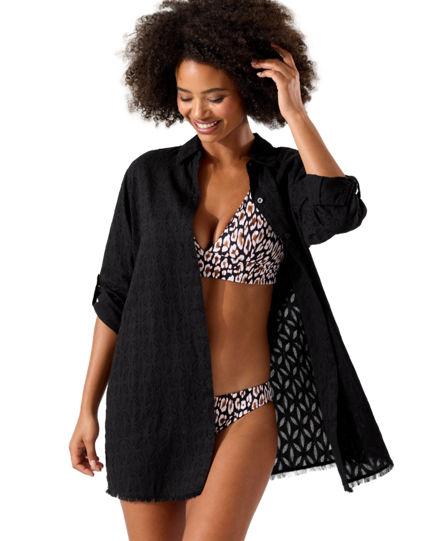 Tommy Bahama Cotton Clip Jacquard Boyfriend Shirt - Black - FINAL SALE