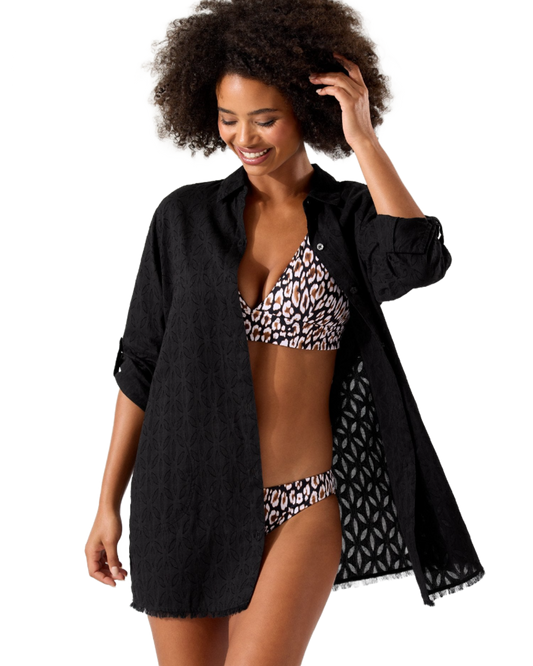 Tommy Bahama Cotton Clip Jacquard Boyfriend Shirt - Black - FINAL SALE
