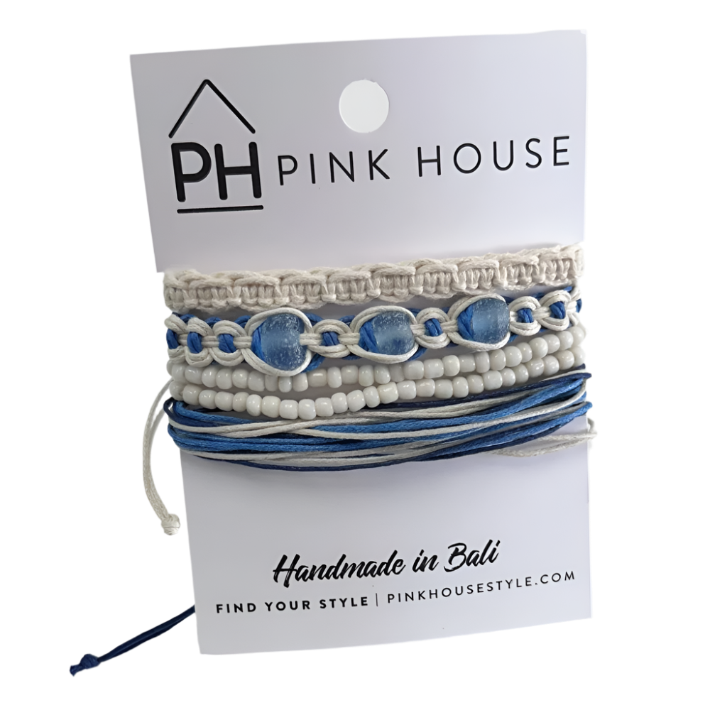 Pink House Arm Deco Beach Glass Pull Bracelets Set/4 - Blue