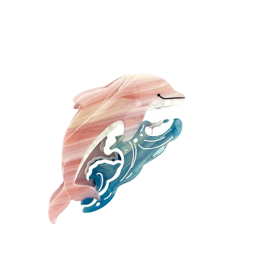 SSR Acetate Joyful Playful Jumping Dolphin & Waves Hair Claw Clip - Pink