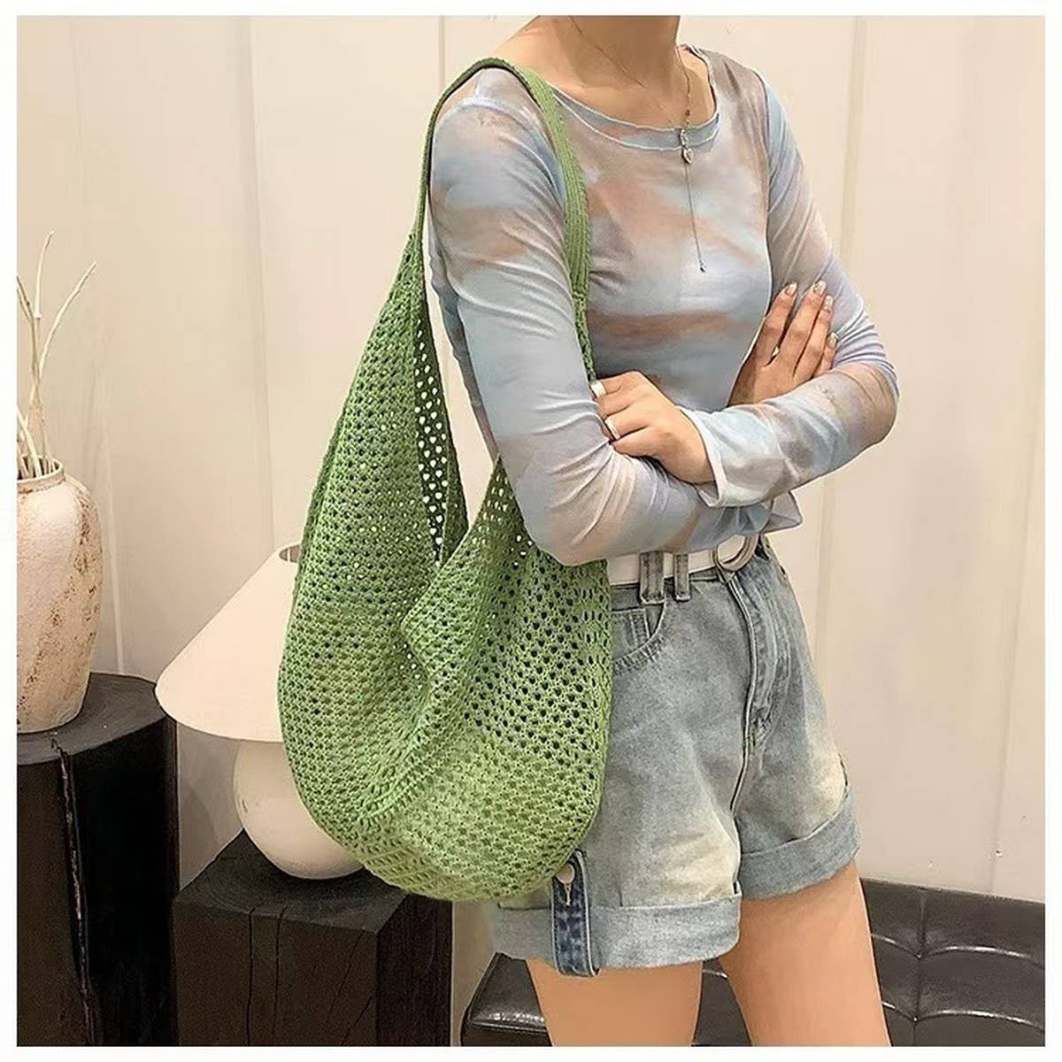 SSR Knit Hollow Braided Shoulder Beach Bag Tote - Green