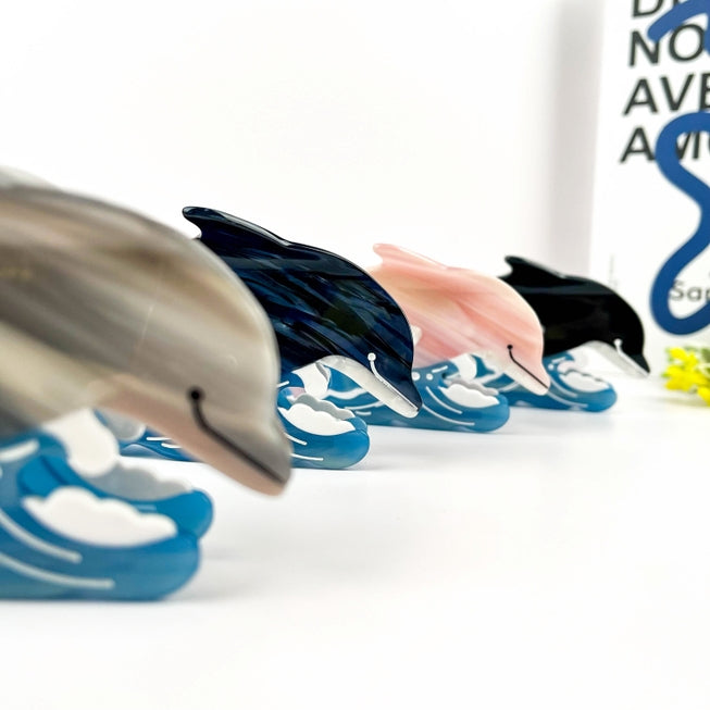 SSR Acetate Joyful Playful Jumping Dolphin & Waves Hair Claw Clip - Blue