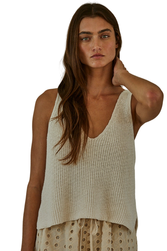 By Together Cotton V-Neck Sleeveless Knit Tank Top - Cream