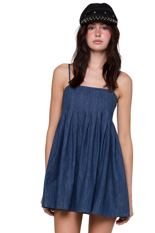 Sky To Moon Washed Square Neck Casual Swing Mini Dress - Denim