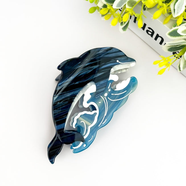 SSR Acetate Joyful Playful Jumping Dolphin & Waves Hair Claw Clip - Blue