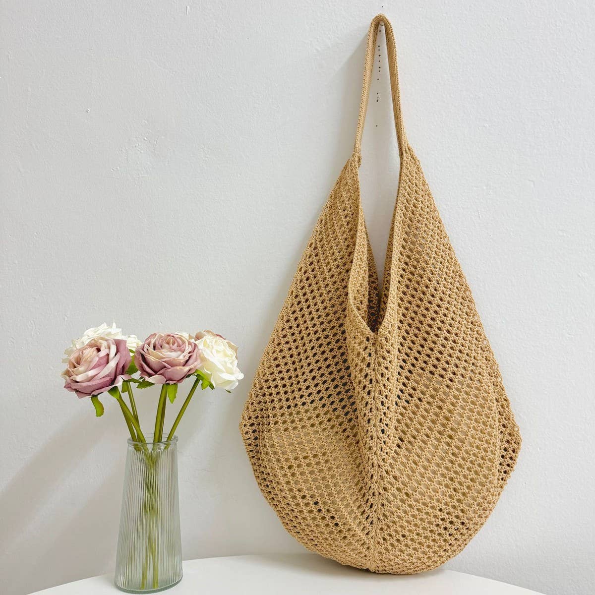 SSR Knit Hollow Braided Shoulder Beach Bag Tote - Khaki