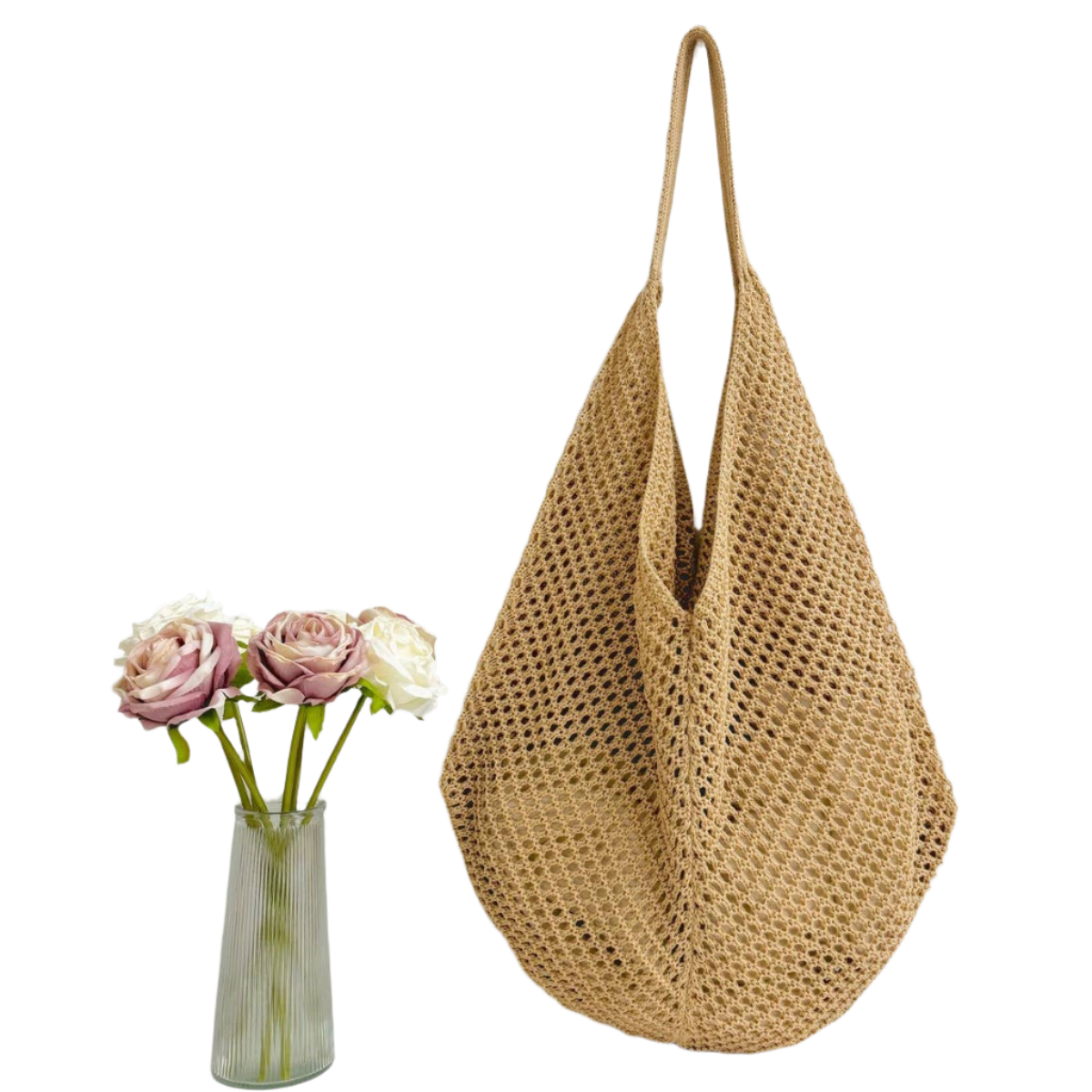 SSR Knit Hollow Braided Shoulder Beach Bag Tote - Khaki