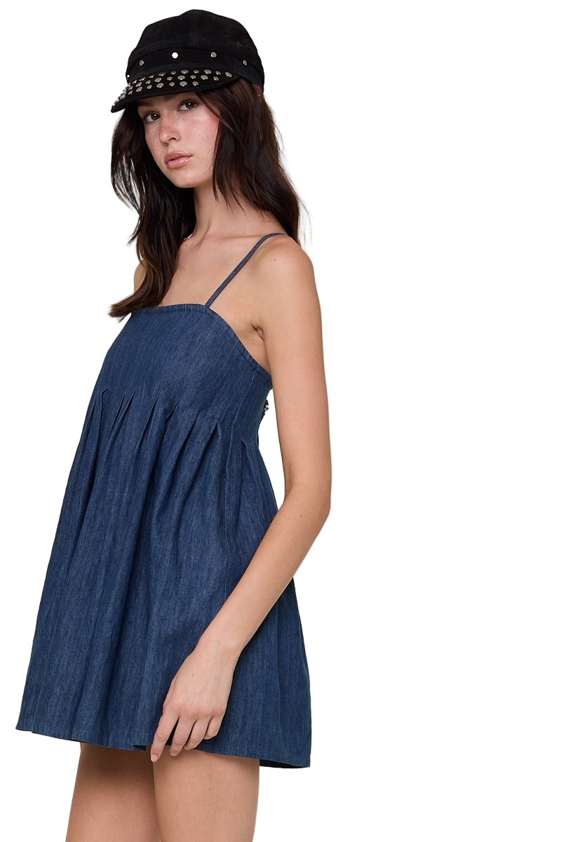 Sky To Moon Washed Square Neck Casual Swing Mini Dress - Denim
