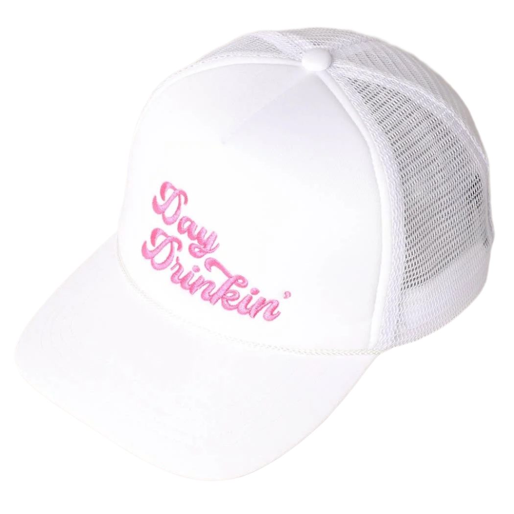 SSR Day Drinkin' Texts Embroidery Mesh Back Trucker Hat - White