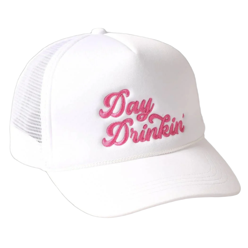SSR Day Drinkin' Texts Embroidery Mesh Back Trucker Hat - White