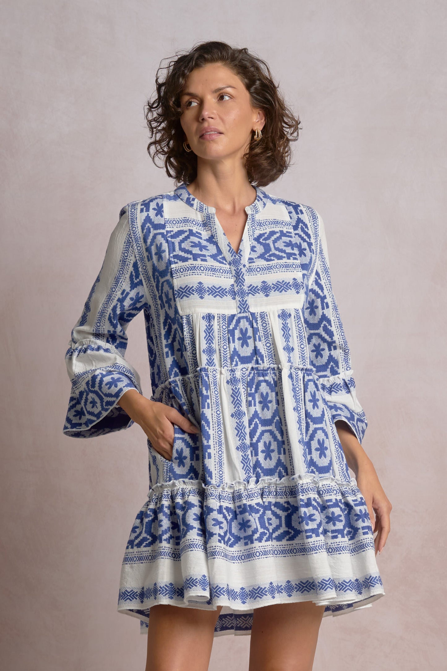 Elan Long Sleeve A-Line Short Dress - Natural Blue