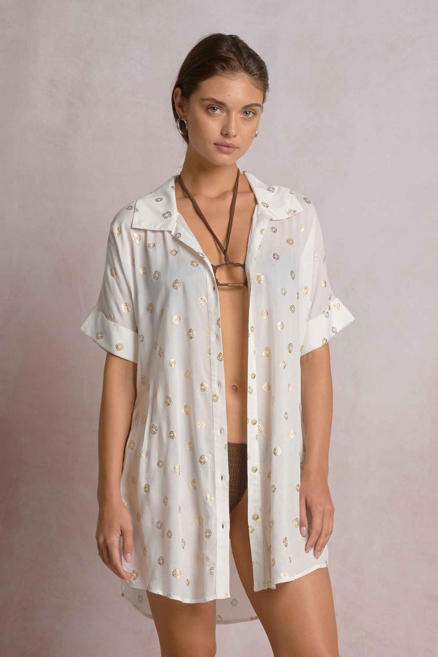 Elan Collared Button Down Coverup Shirt Dress - White Polka Dot