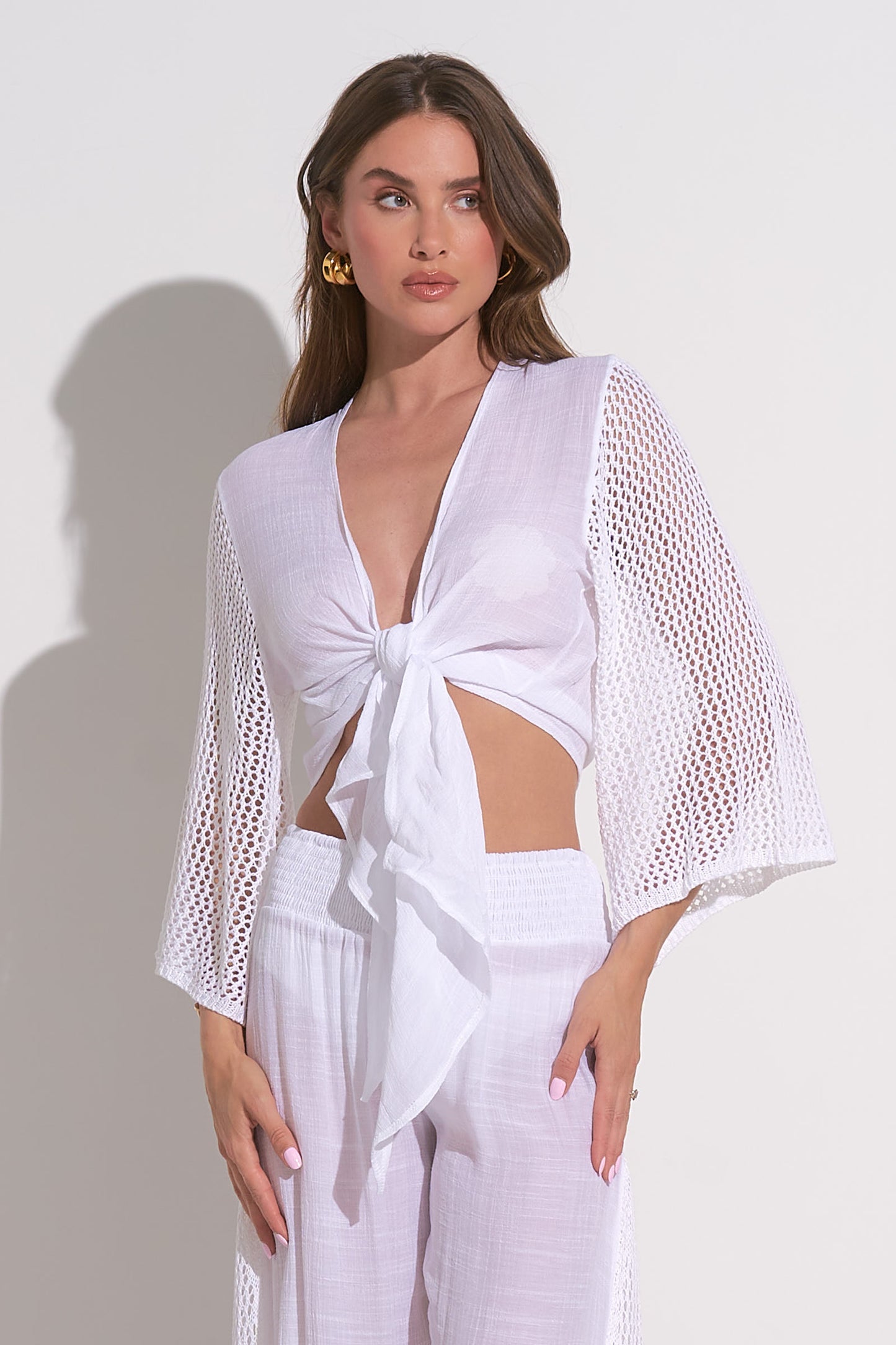 Elan Tie Front Crop Top Coverup - White