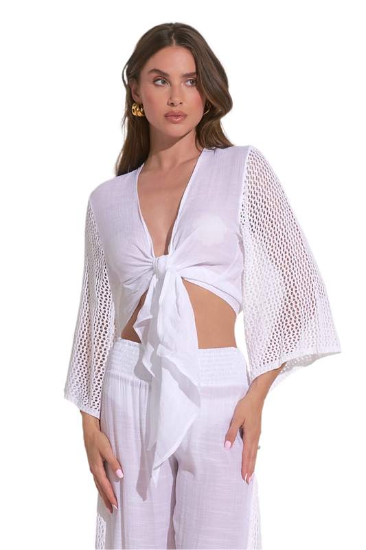 Elan Tie Front Crop Top Coverup - White