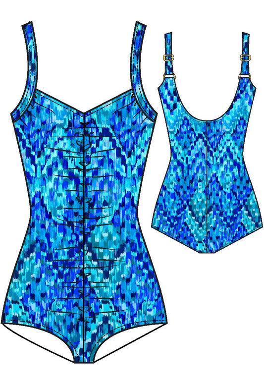 Maxine Of Hollywood Printed Spa Shirred Front Girl Leg One Piece - Artisan