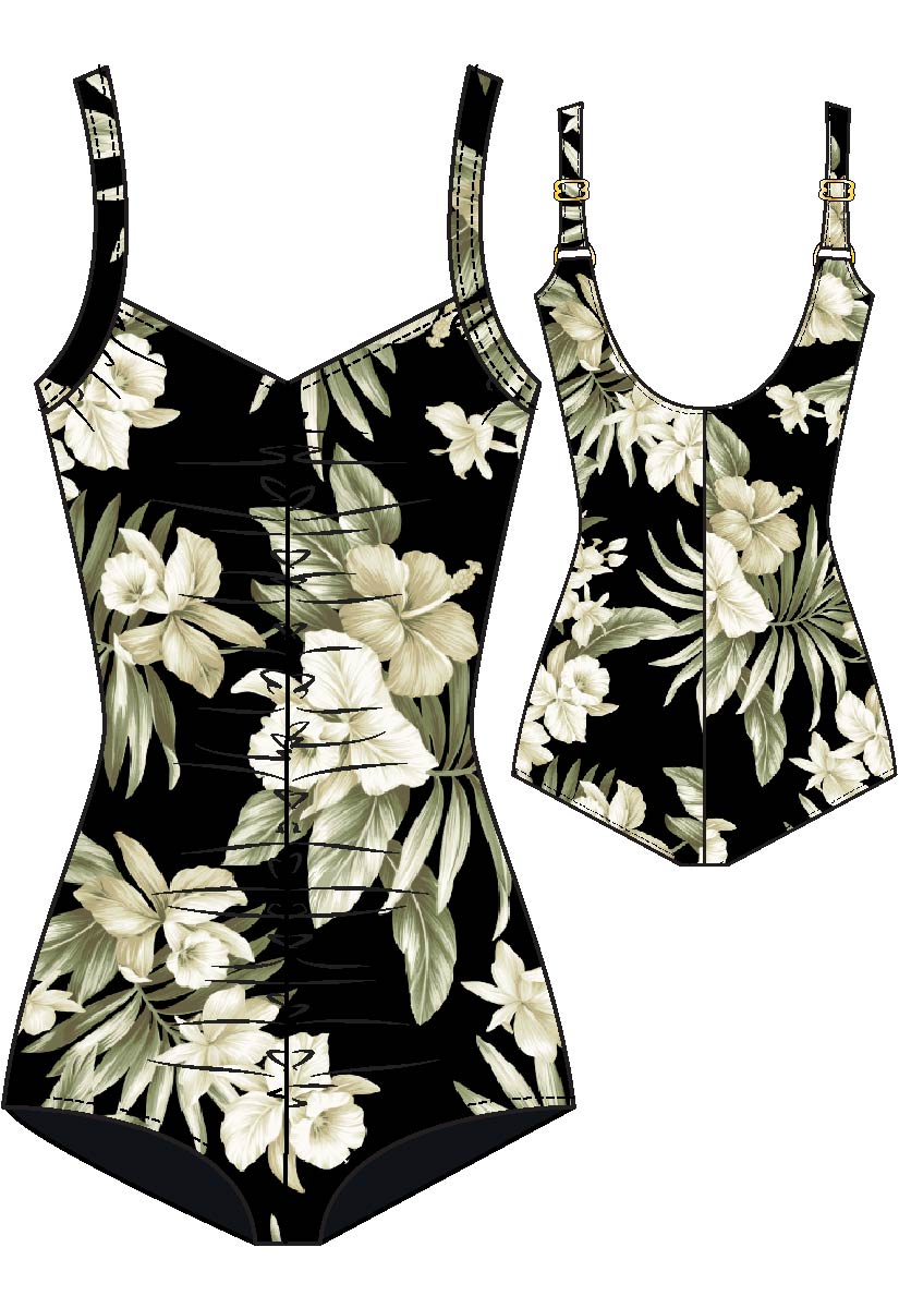 Maxine Of Hollywood Plus Printed Spa Shirred Front Girl Leg One Piece - Greenery