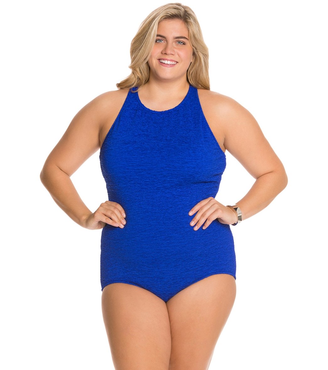 Penbrooke Krinkle Plus Size Chlorine Resistant High Neck One Piece Swimsuit  - Royal