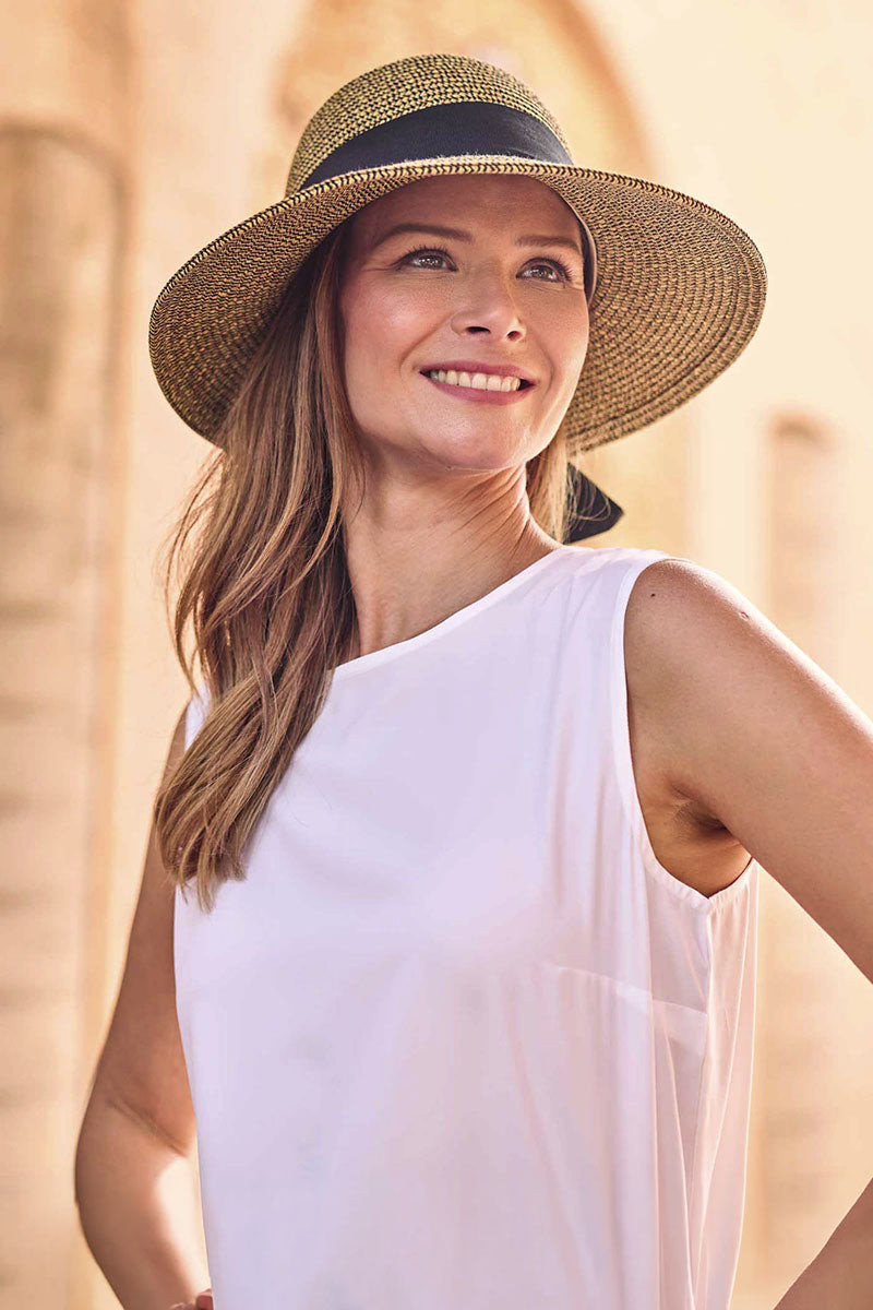 Coolibar Clara Asymmetrical Sun Hat UPF 50+ - Coffee Multi