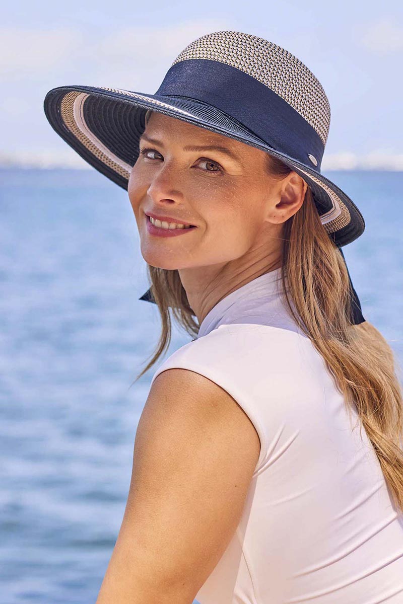 Coolibar Clara Asymmetrical Sun Hat UPF 50+ - Navy/White