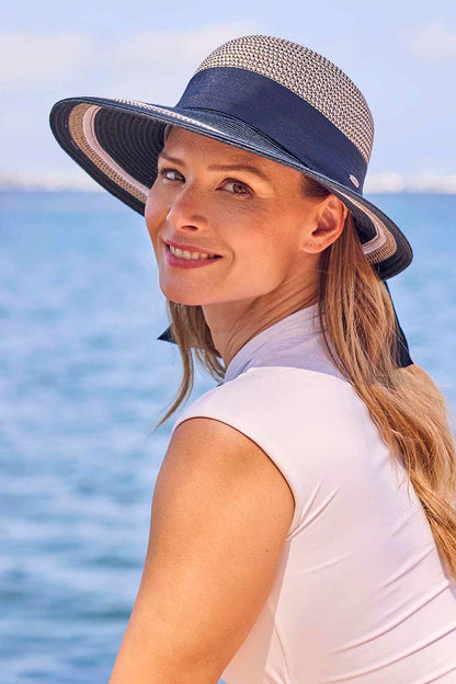 Coolibar Clara Asymmetrical Sun Hat UPF 50+ - Navy/White