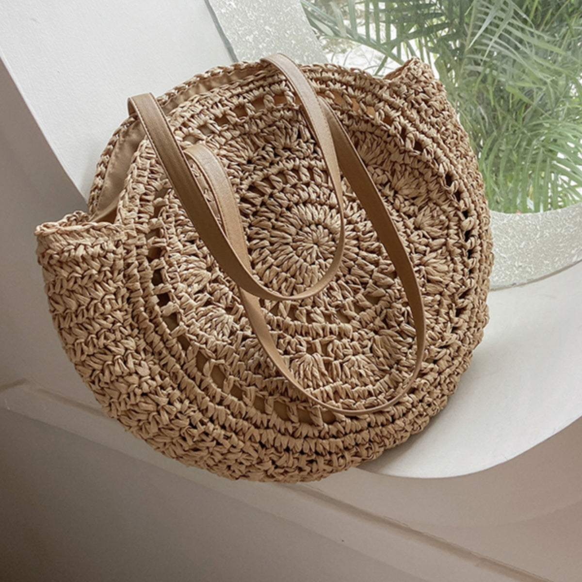SSR Round Woven Tote Beach Bag - Khaki