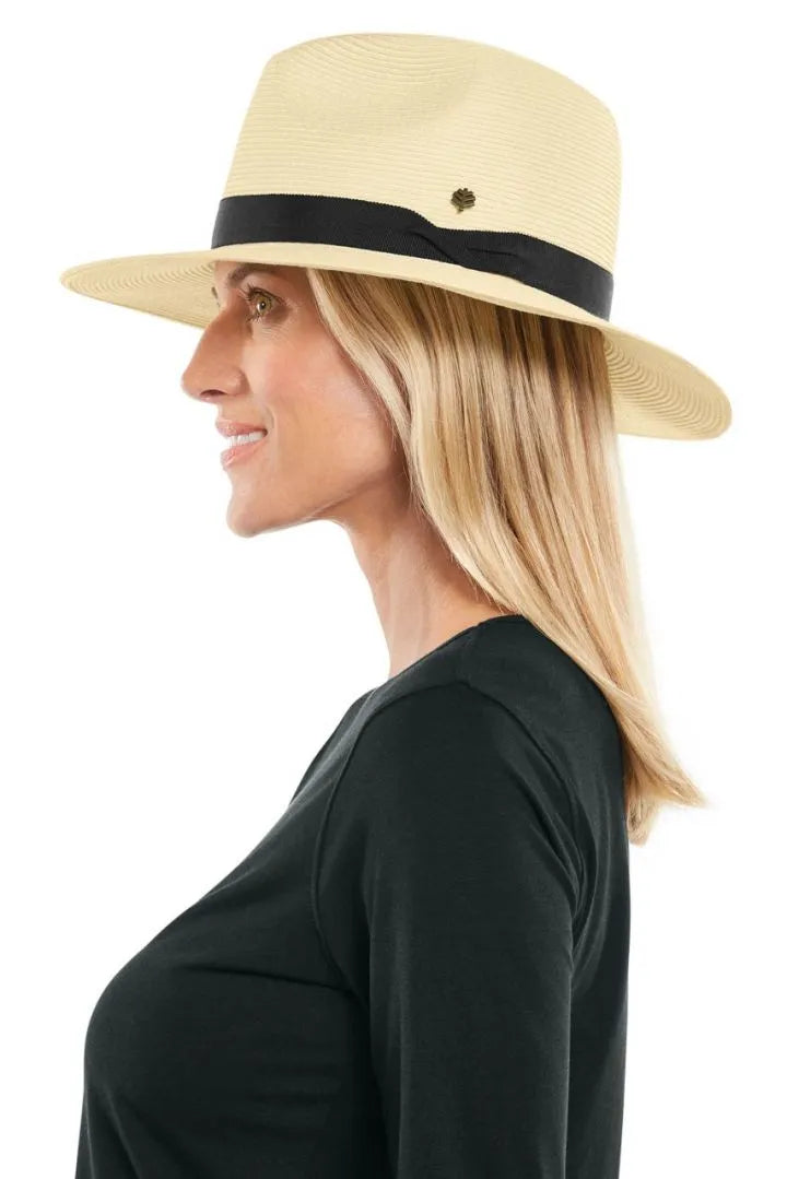 Coolibar Peyton Lightweight Fedora Hat Ivory with Black Band - Sun Protection Tan / S/M