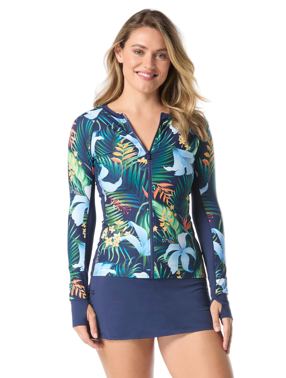 Beach House Ava  Zip Front Rash Guard Top- Midnight Tropical