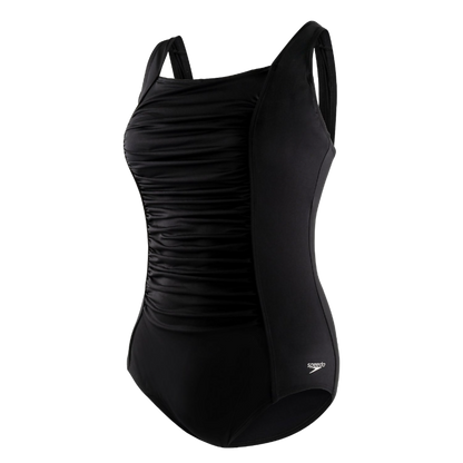 Speedo Plus Solid Shirred Tank Fitness One Piece Swimsuit - Black
