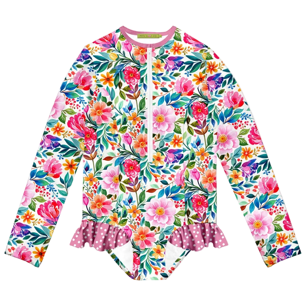 Millie Loves Lily Girls One-Piece Rashguard Swimsuit - White Becky Floral