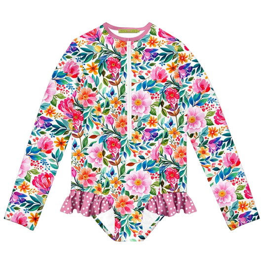 Millie Loves Lily Girls One-Piece Rashguard Swimsuit - White Becky Floral