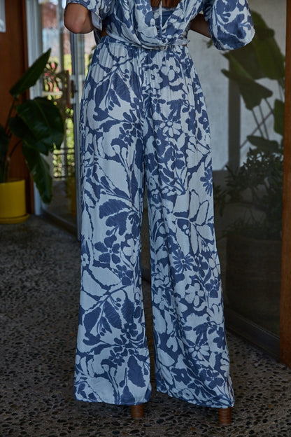 By Together Woven Rayon Floral Print Wide Pants - Blue Floral - FINAL SALE