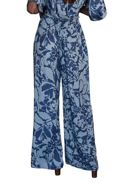 By Together Woven Rayon Floral Print Wide Pants - Blue Floral - FINAL SALE
