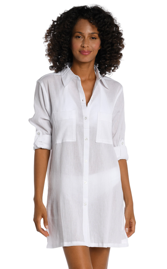 La Blanca Island Fare Resort Button Down Shirt Coverup - White