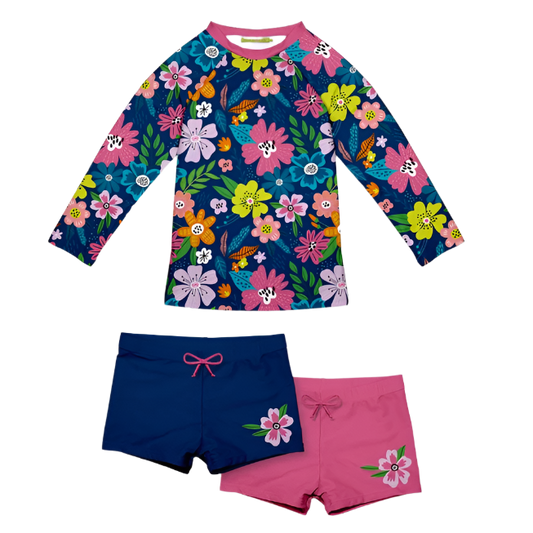 Millie Loves Lily Girls Swim Long-Sleeve 3-PC Rashguard Set - Fuchsia Adele Floral