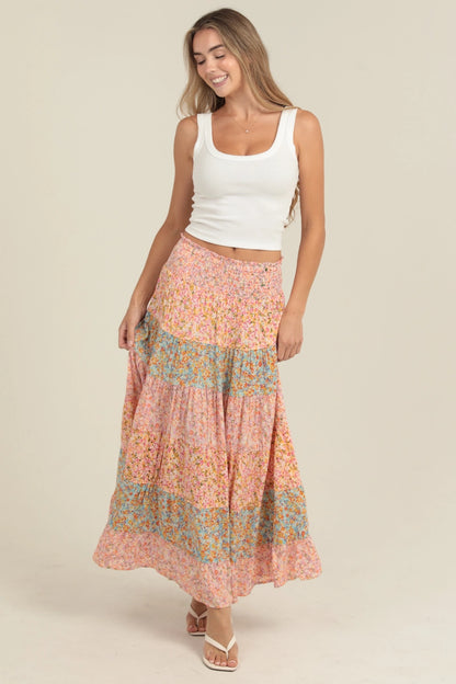 Angie Mixed Print Tiered A Line Maxi Skirt - Pink - FINAL SALE