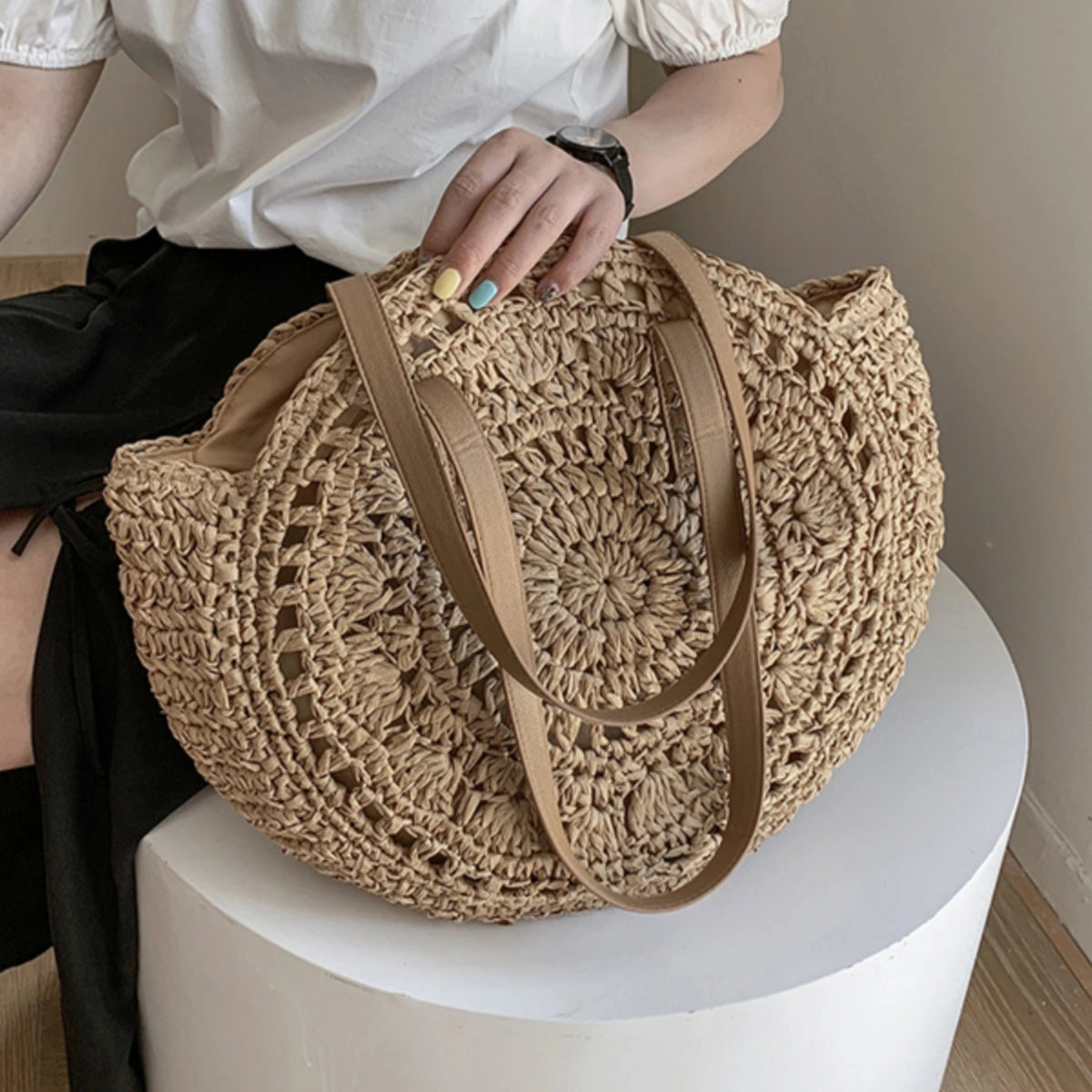 SSR Round Woven Tote Beach Bag - Khaki
