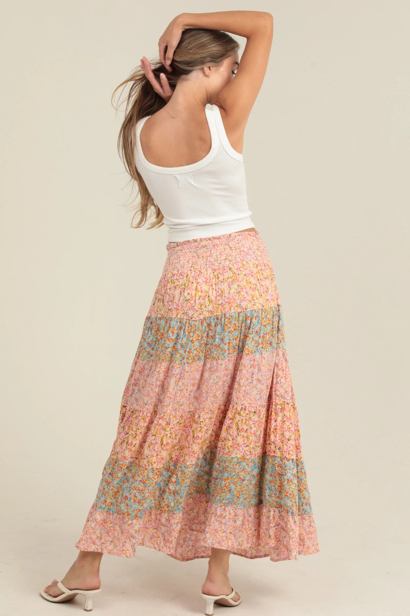 Angie Mixed Print Tiered A Line Maxi Skirt - Pink
