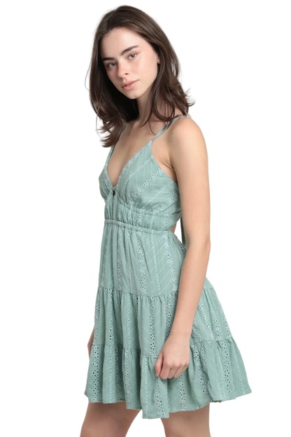 Angie Eyelet Embroidered V Neck Open Tie Back Dress - Sage - FINAL SALE