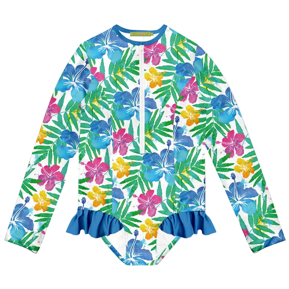 Millie Loves Lily Girls One-Piece Rashguard Swimsuit - Hawaiian Neon
