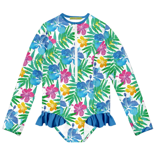 Millie Loves Lily Girls One-Piece Rashguard Swimsuit - Hawaiian Neon