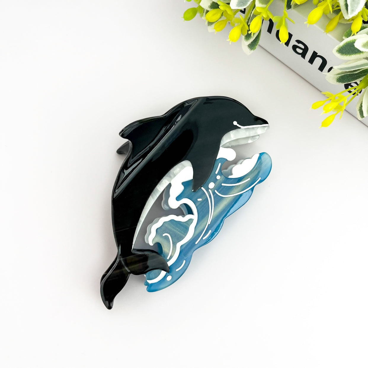 SSR Acetate Joyful Playful Jumping Dolphin & Waves Hair Claw Clip