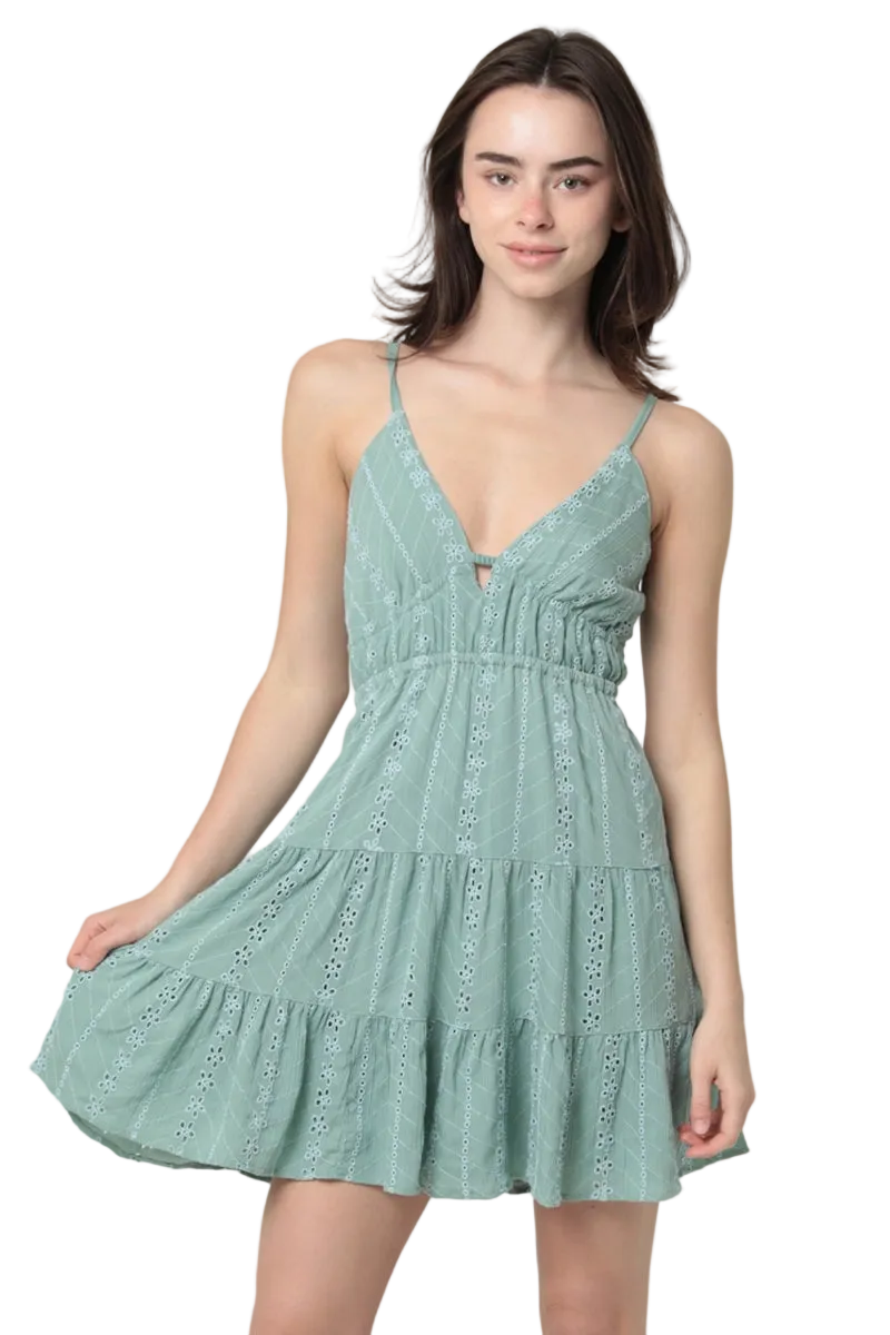 Angie Eyelet Embroidered V Neck Open Tie Back Dress - Sage
