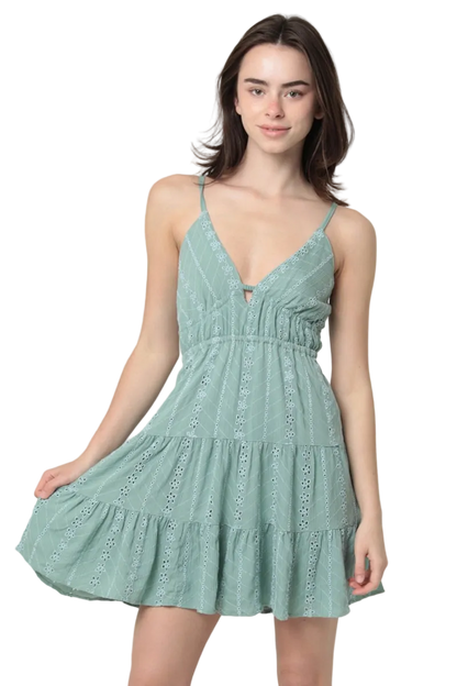 Angie Eyelet Embroidered V Neck Open Tie Back Dress - Sage - FINAL SALE