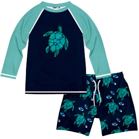 Millie Loves Lily Boys Long-Sleeve Rashguard Swimsuit Set -  Black Glass Turtles