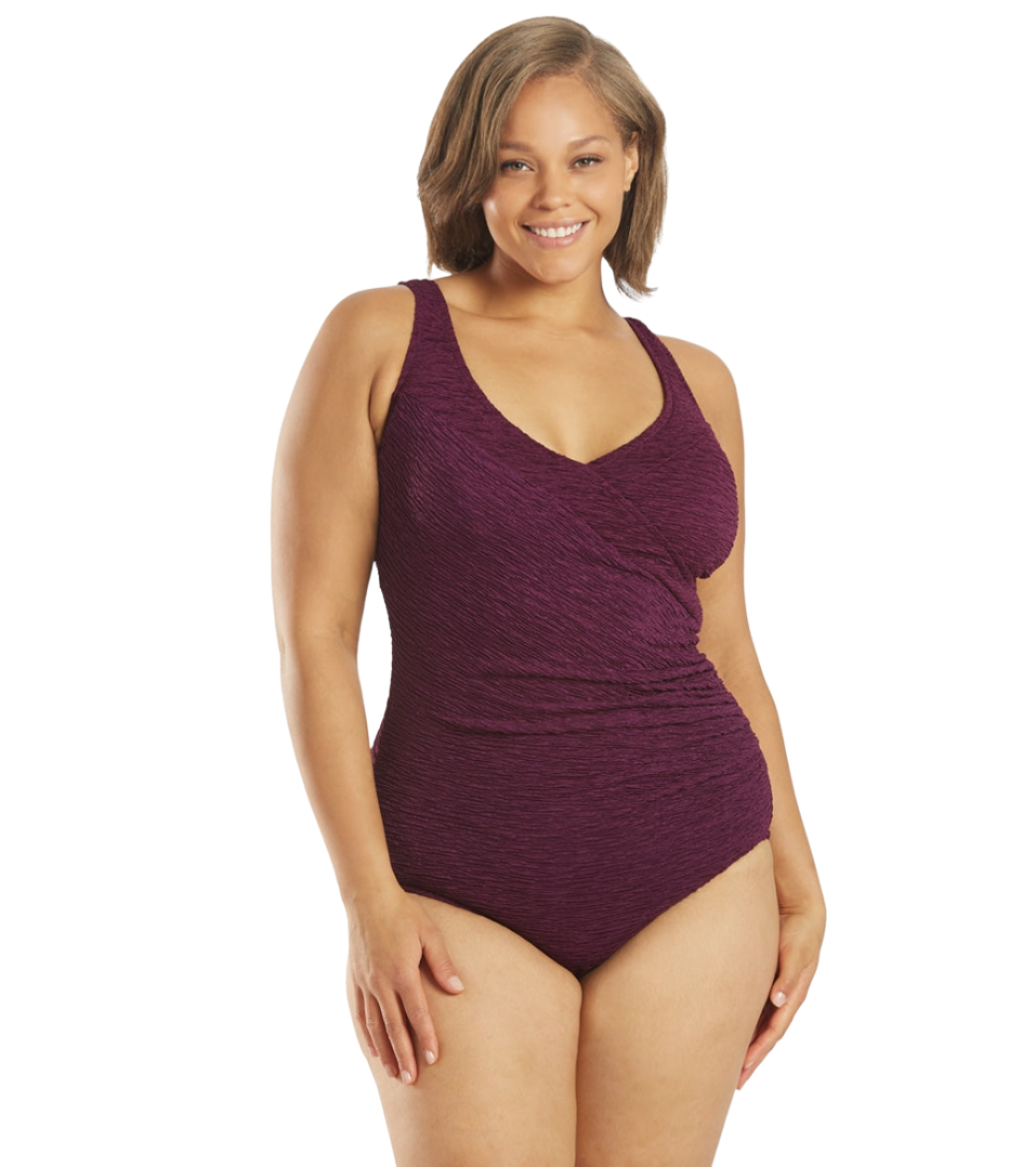 Penbrooke Krinkle Plus Size Chlorine Resistant Mock Surplice One Piece Swimsuit - Eggplant