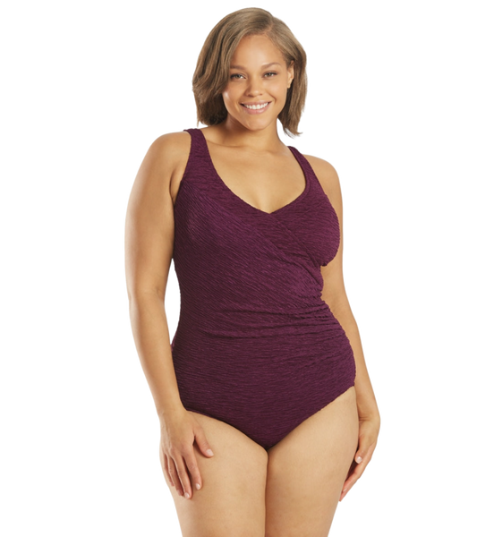 Penbrooke Krinkle Plus Size Chlorine Resistant Mock Surplice One Piece Swimsuit - Eggplant